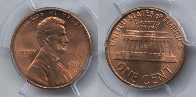 1986-D Lincoln Cent PCGS MS-66 Red small