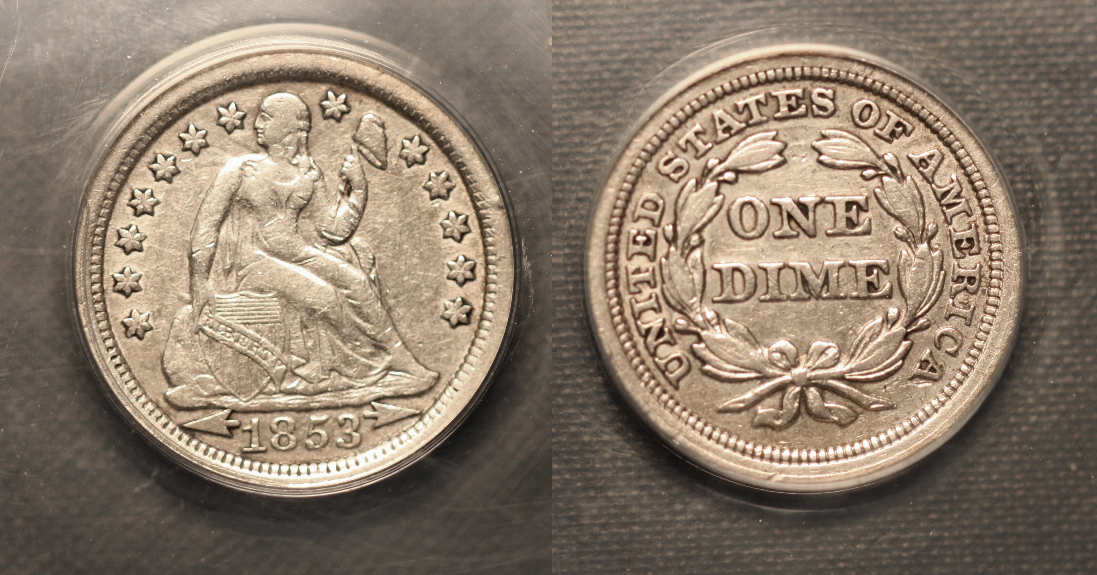 1853 Seated Liberty Dime ANACS EF-40 Cleaned camera
