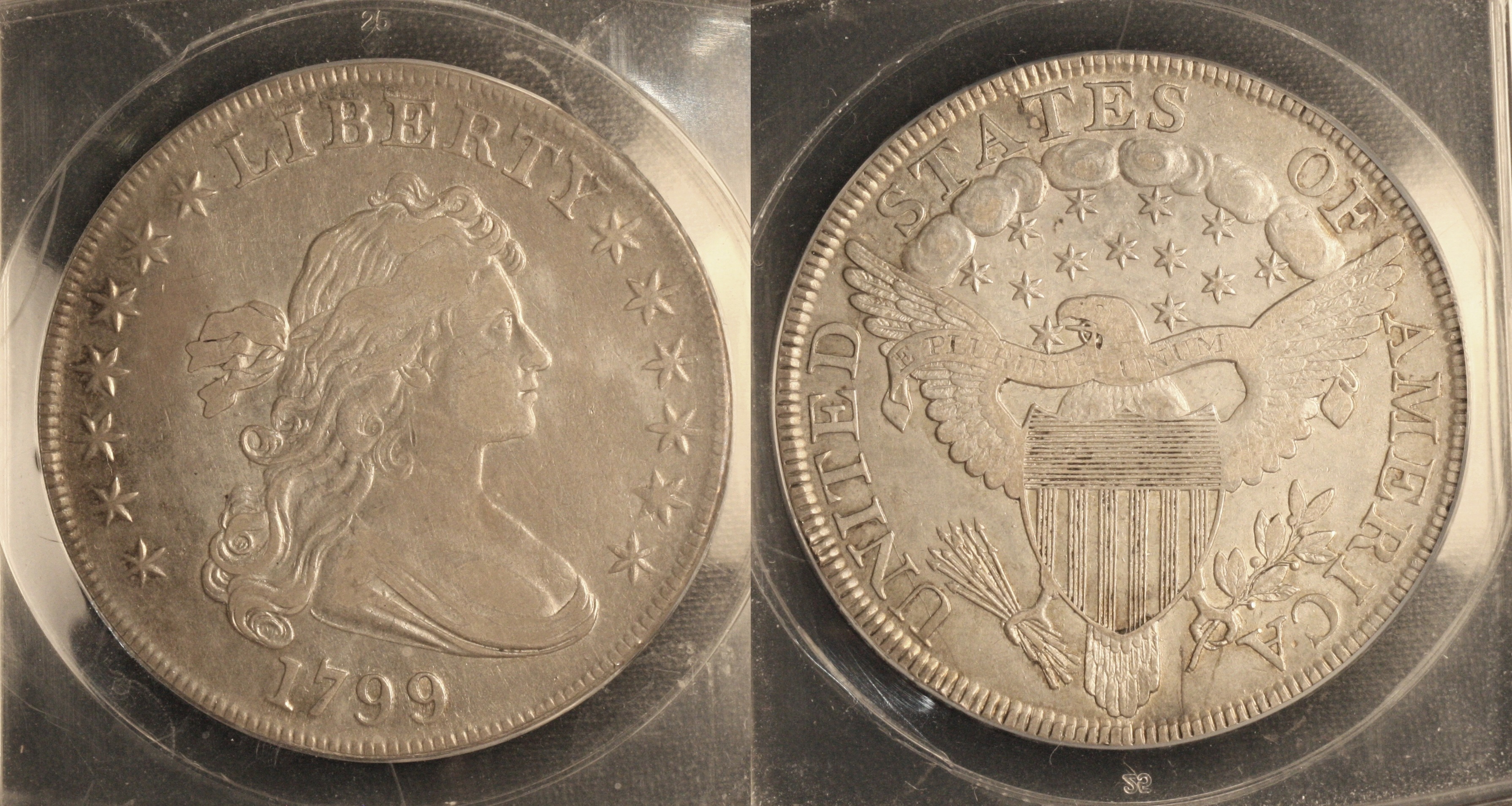 1799 Draped Bust Large Eagle Silver Dollar ANACS EF-40 camera