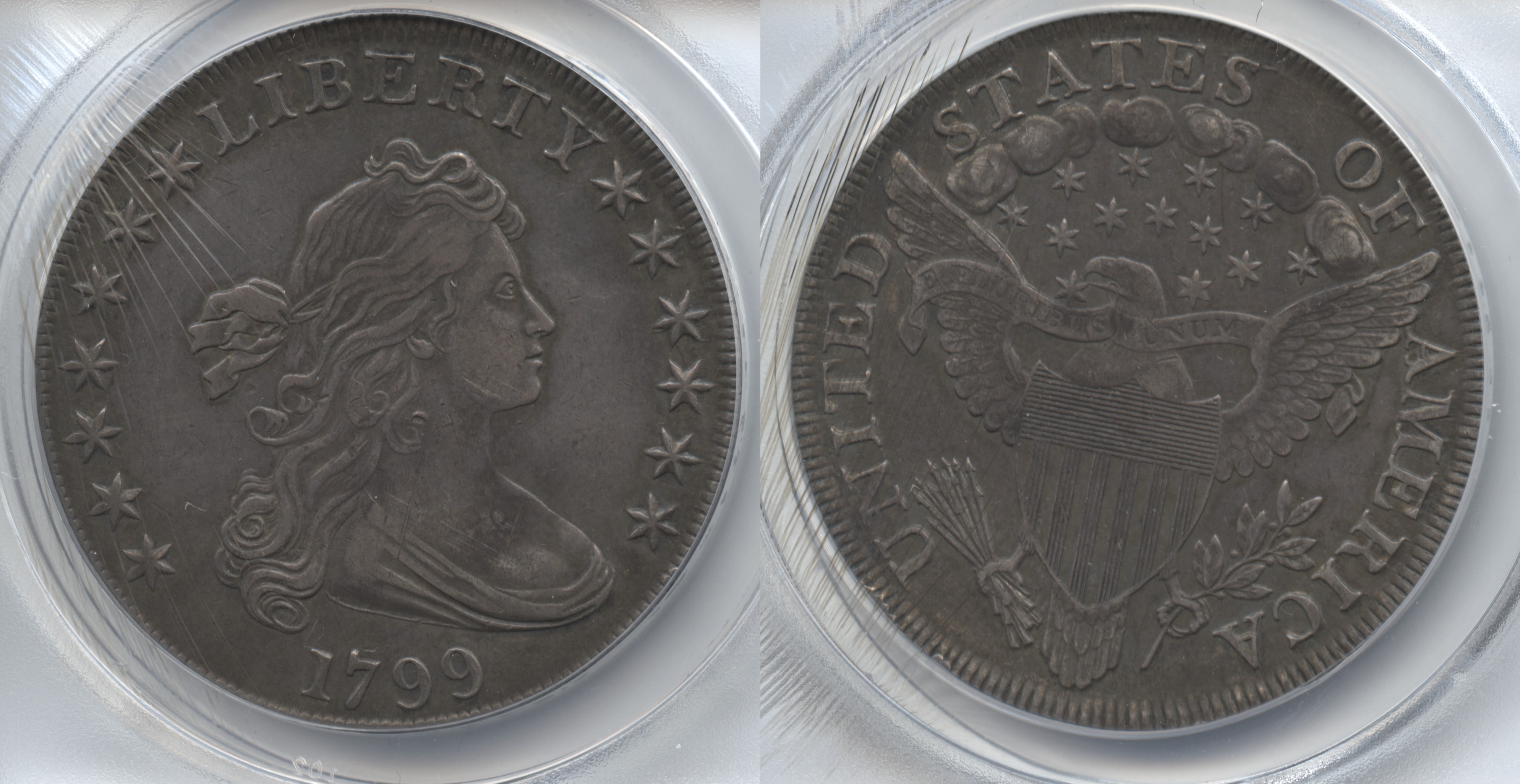 1799 Draped Bust Large Eagle Silver Dollar ANACS EF-45