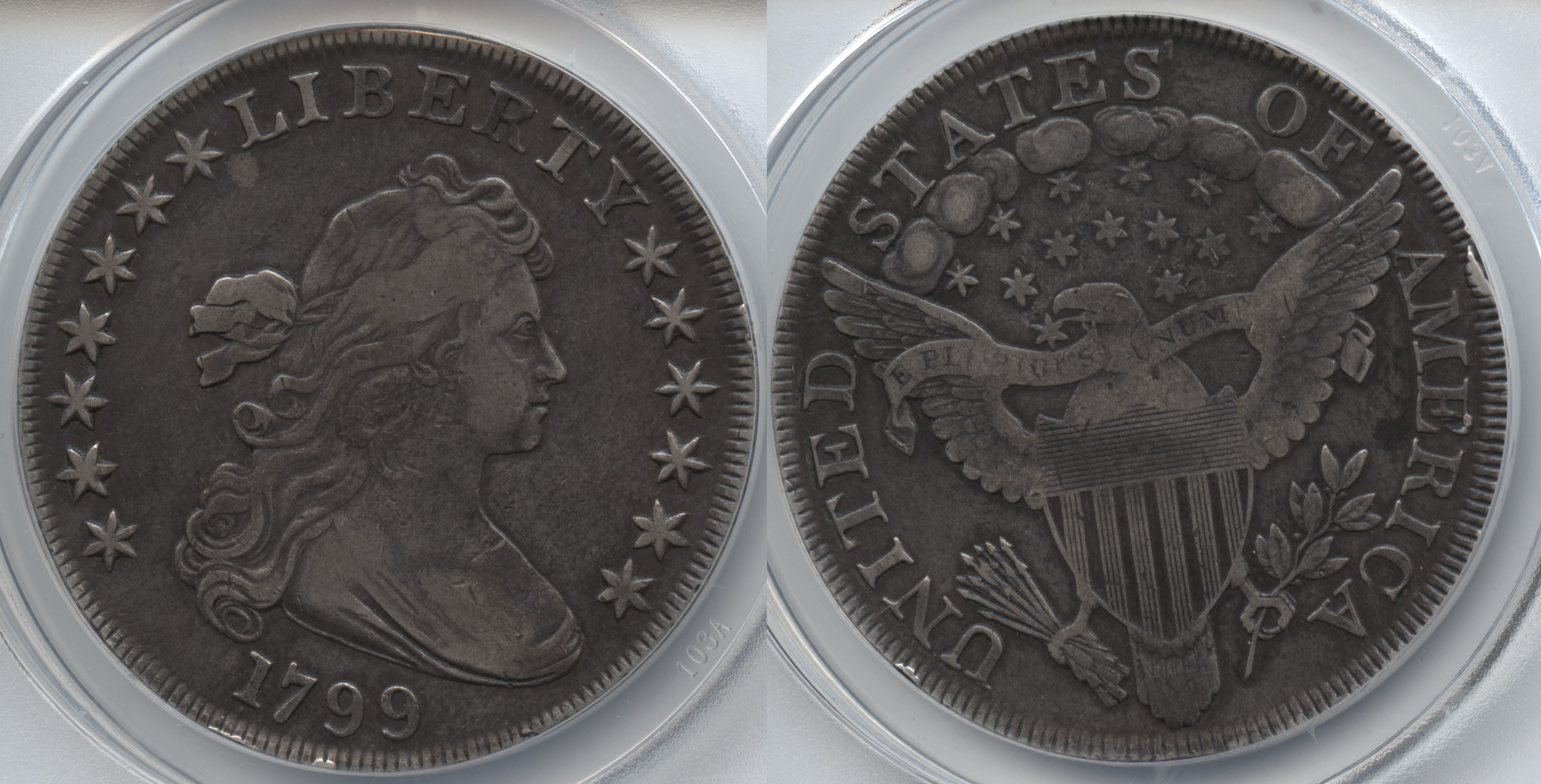 1799 Draped Bust Large Eagle Silver Dollar ANACS VF-30