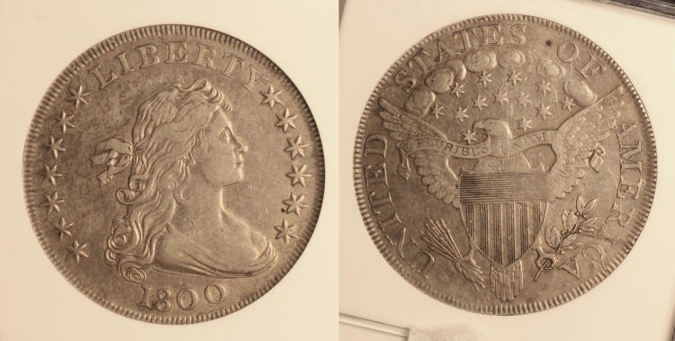 1800 Draped Bust Large Eagle Silver Dollar NGC EF-45 camera small