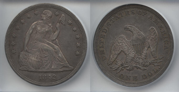 1842 Seated Liberty Silver Dollar ICG AU-50 small