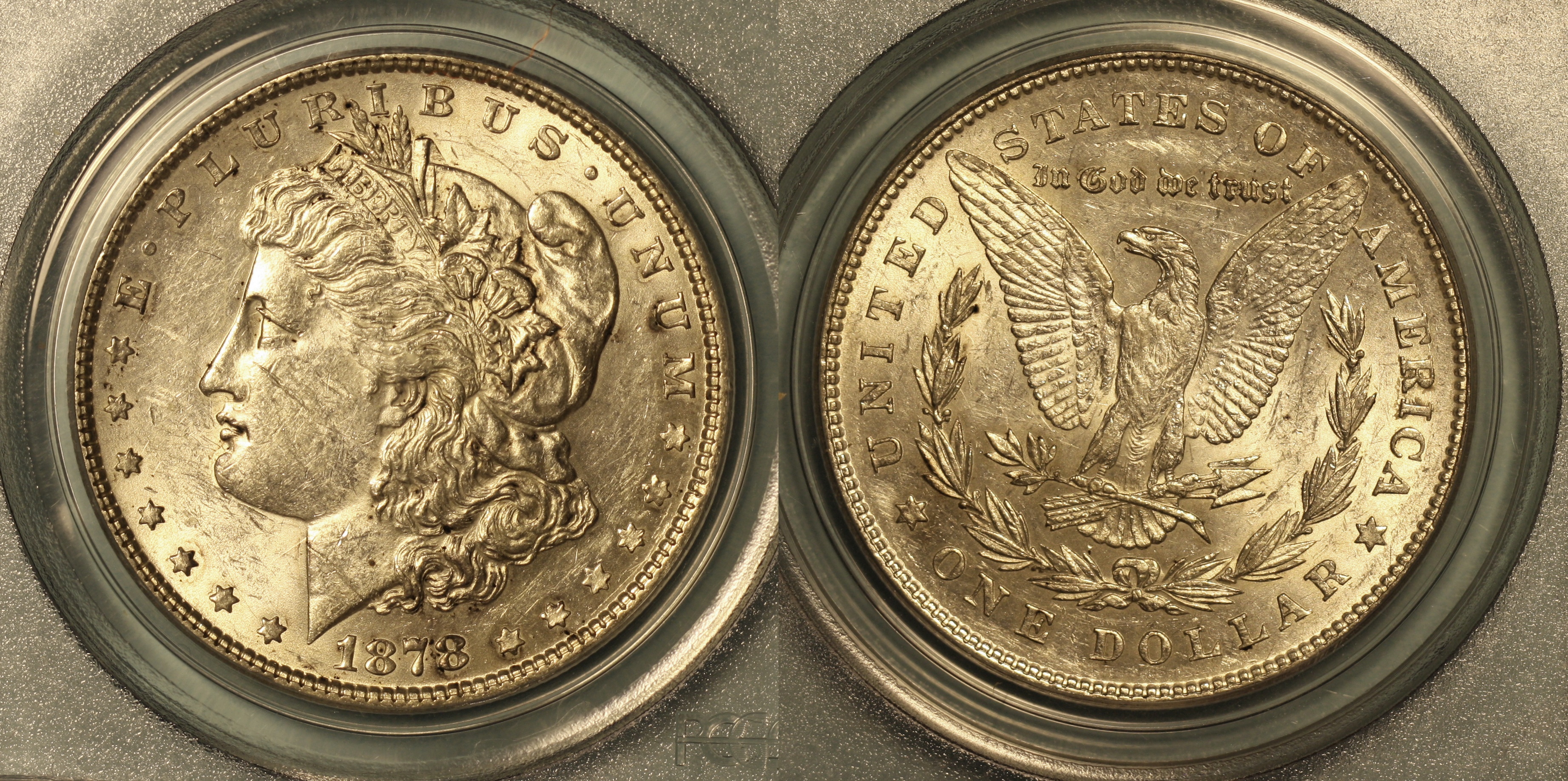 1878 7 Tailfeathers Morgan Silver Dollar PCGS AU-53 camera