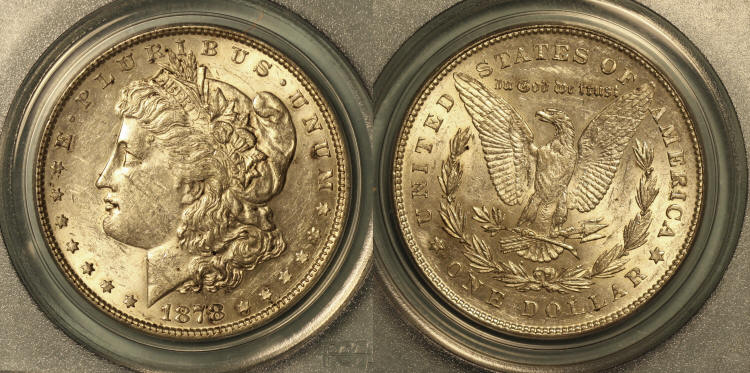 1878 7 Tailfeathers Morgan Silver Dollar PCGS AU-53 camera small