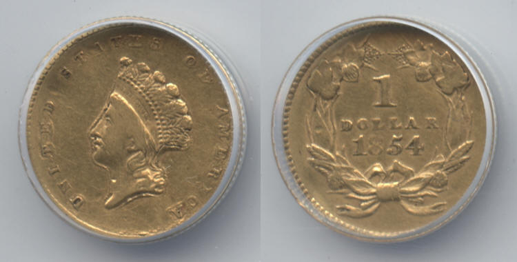 1854 Type II Gold Dollar ANACS EF-40 Details small