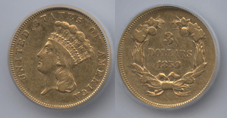 1859 Three Dollar Gold Piece ICG EF-45 small