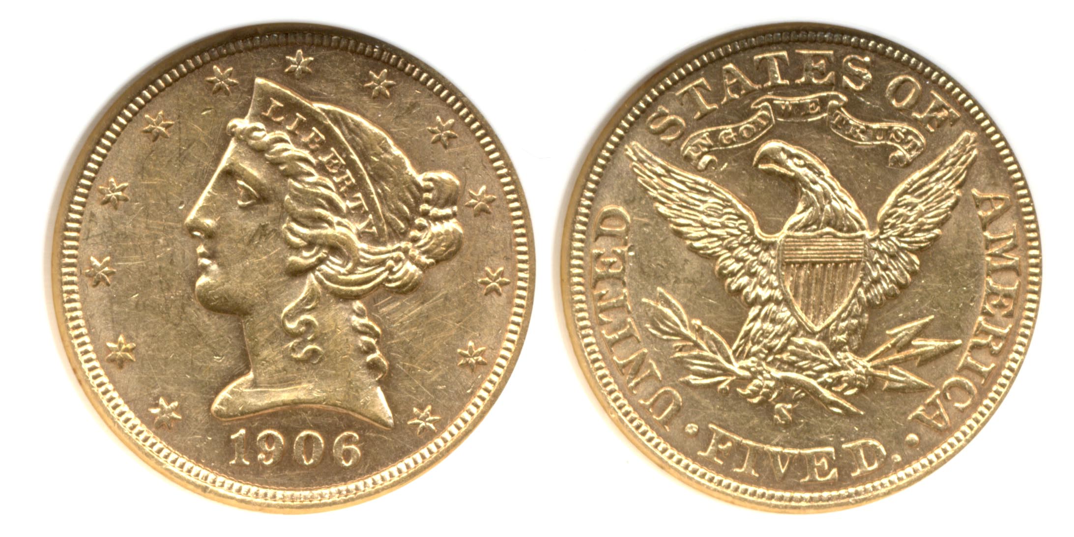 1906-S $5.00 Gold Half Eagle ANACS net AU-50