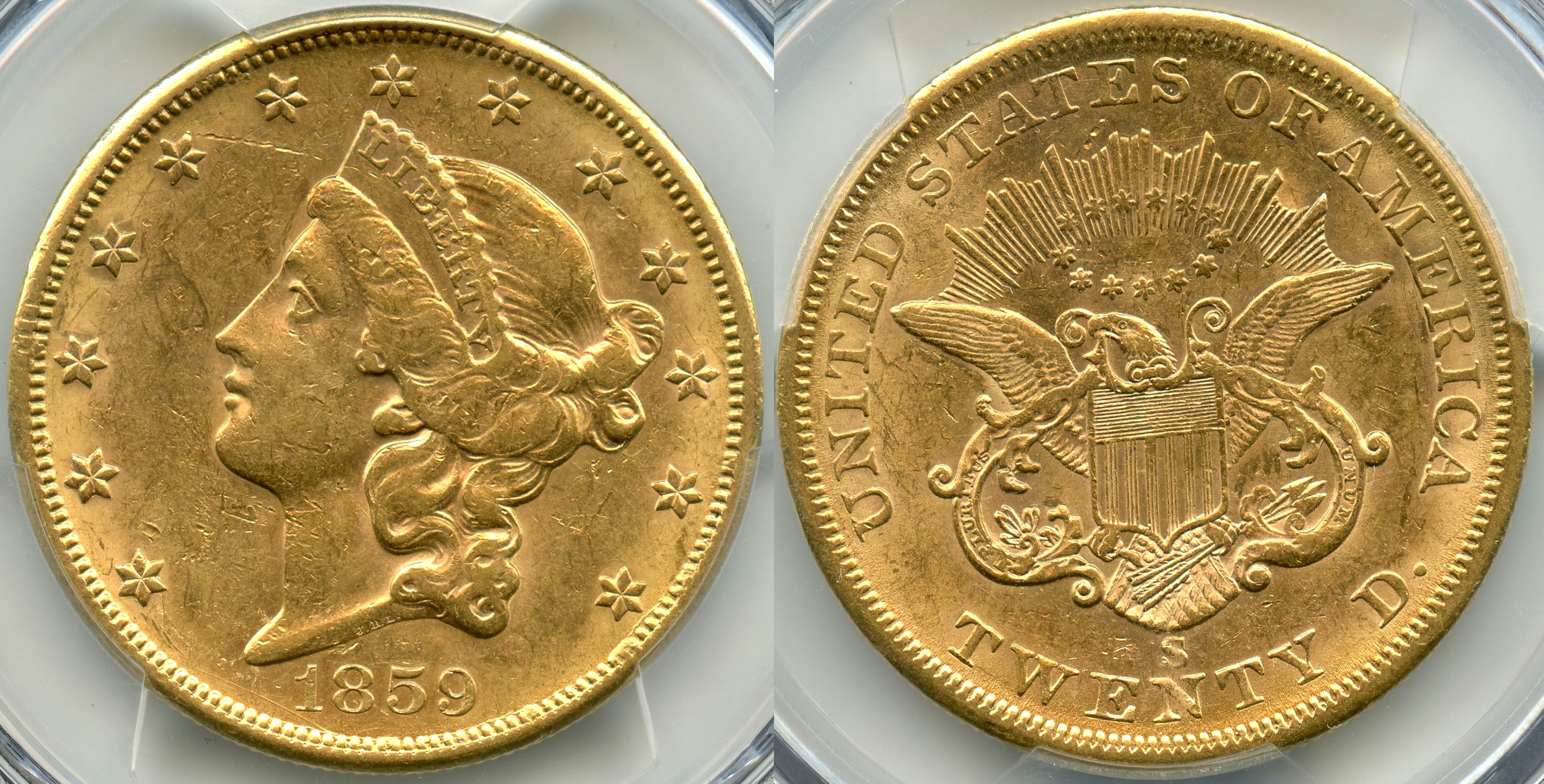1859-S Gold $20.00 Double Eagle PCGS AU-55