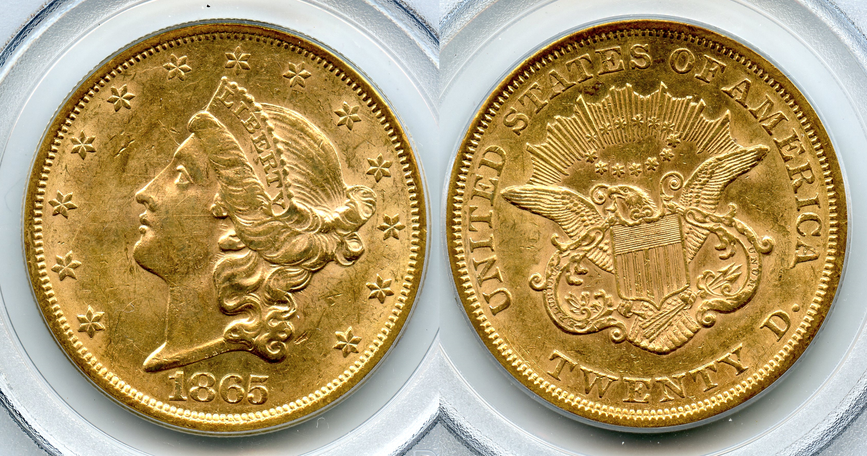 1865 Gold $20.00 Double Eagle PCGS AU-58