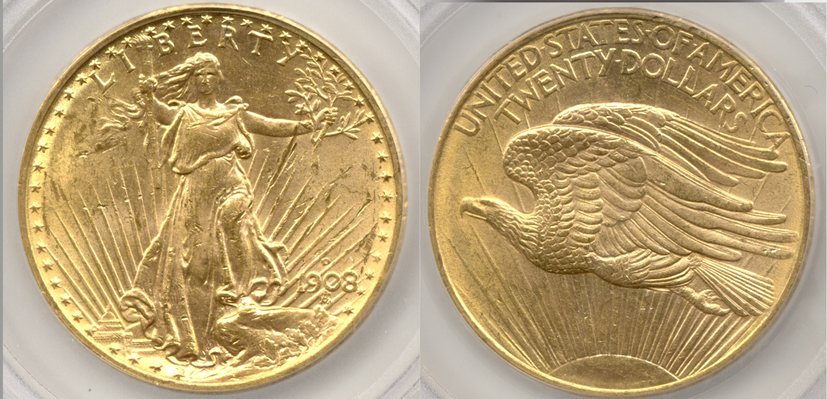 1908-D No Motto Saint Gaudens Double Eagle SEGS MS-63