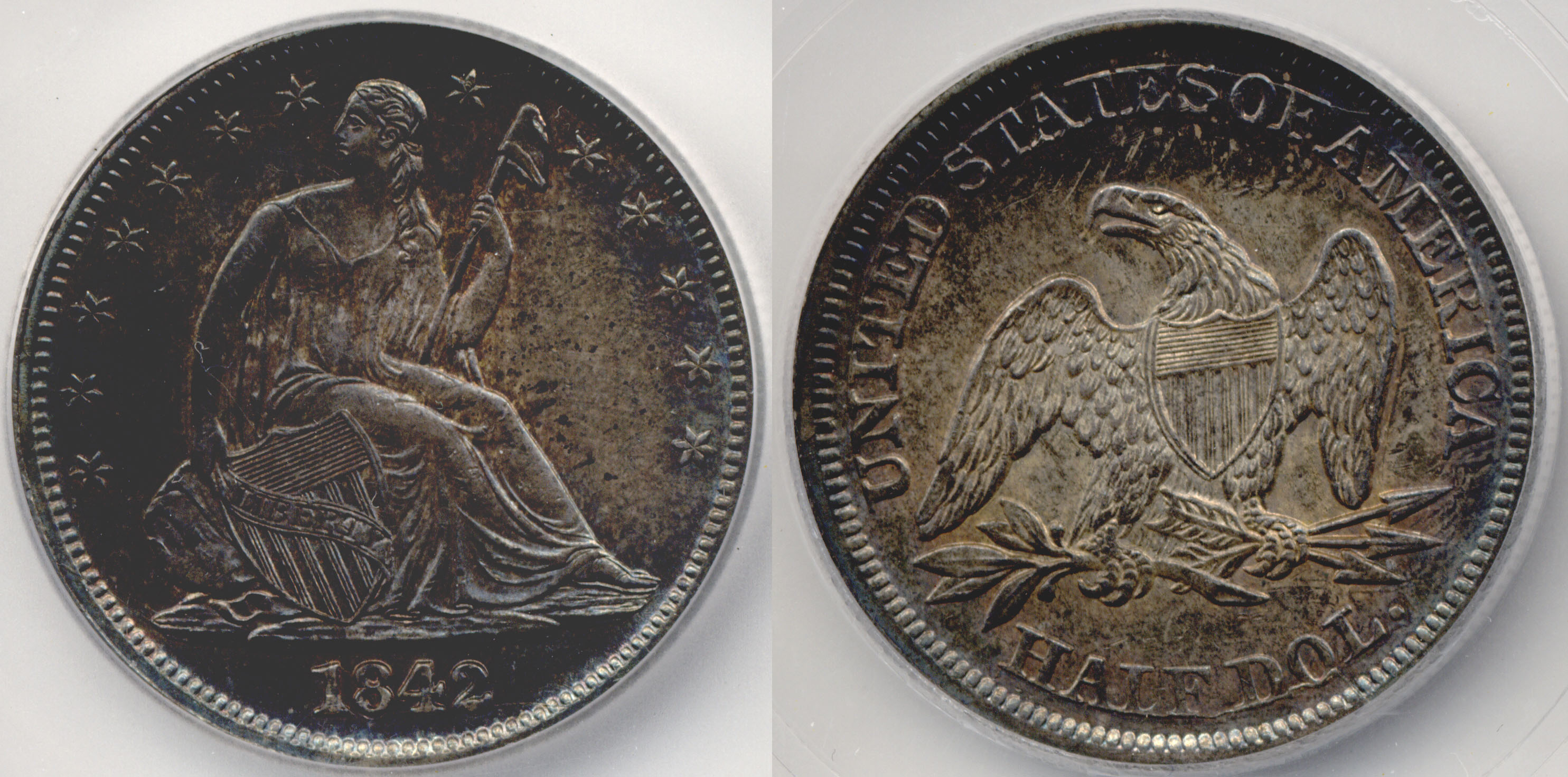 1842 Seated Liberty Half Dollar in ICG MS-62