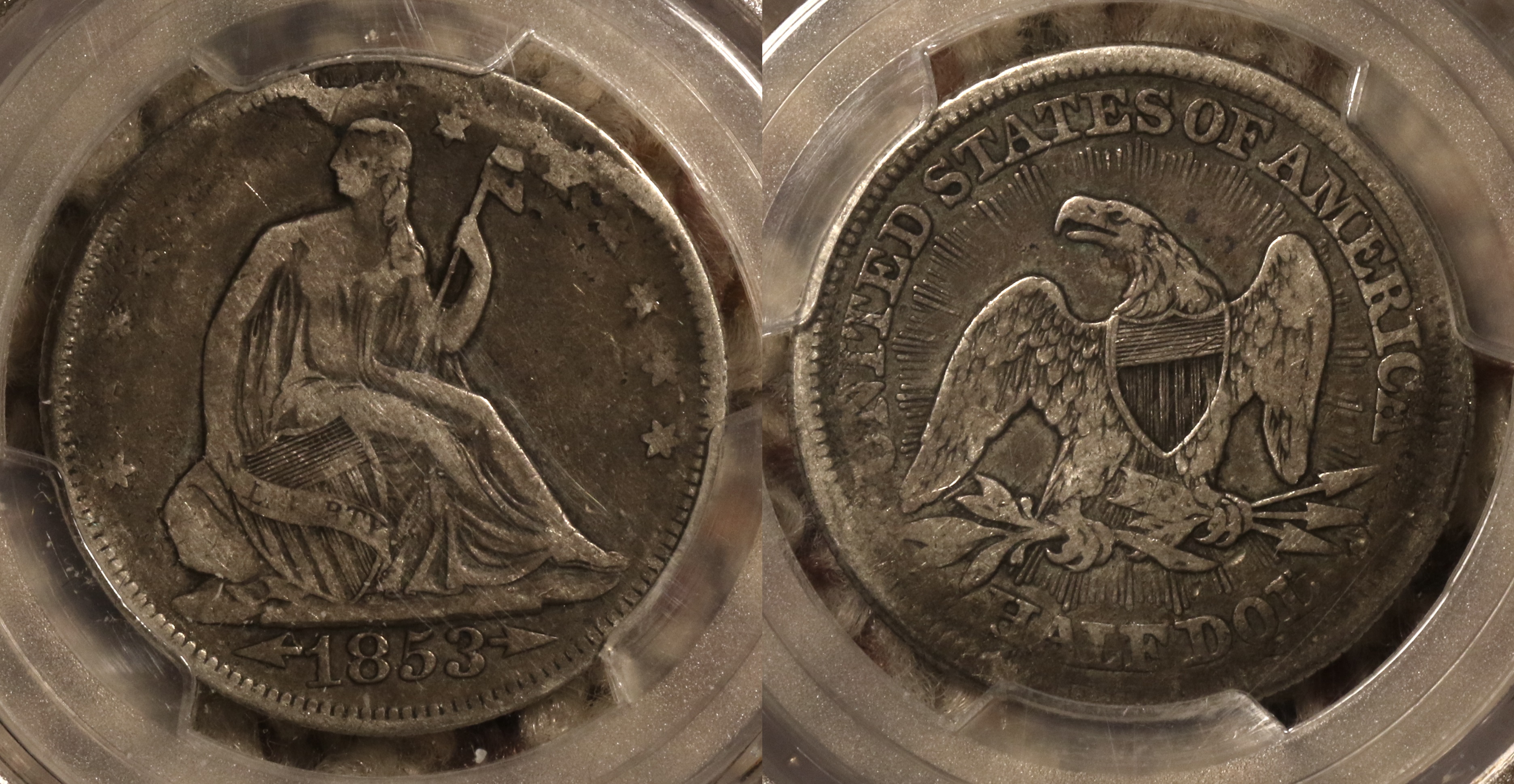 1853 Seated Liberty Half Dollar PCGS VF Details camera