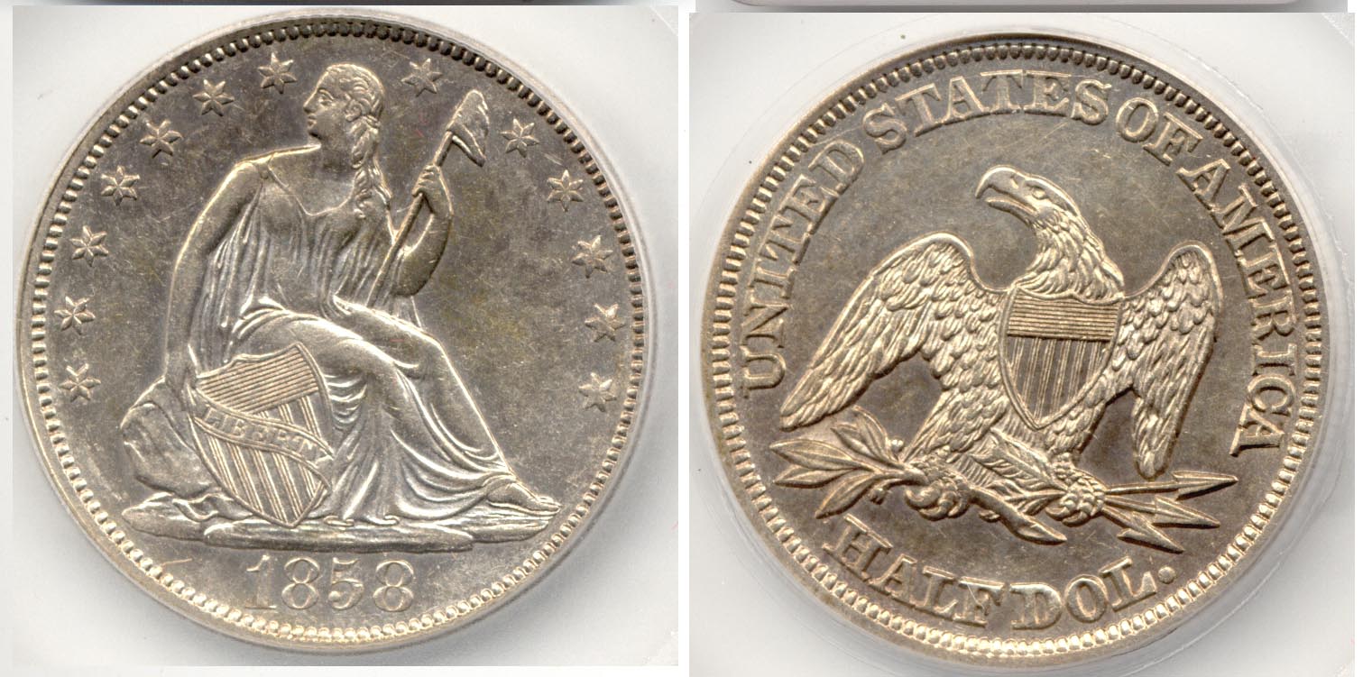 1858 Seated Liberty Half Dollar SEGS AU-58 Cleaned
