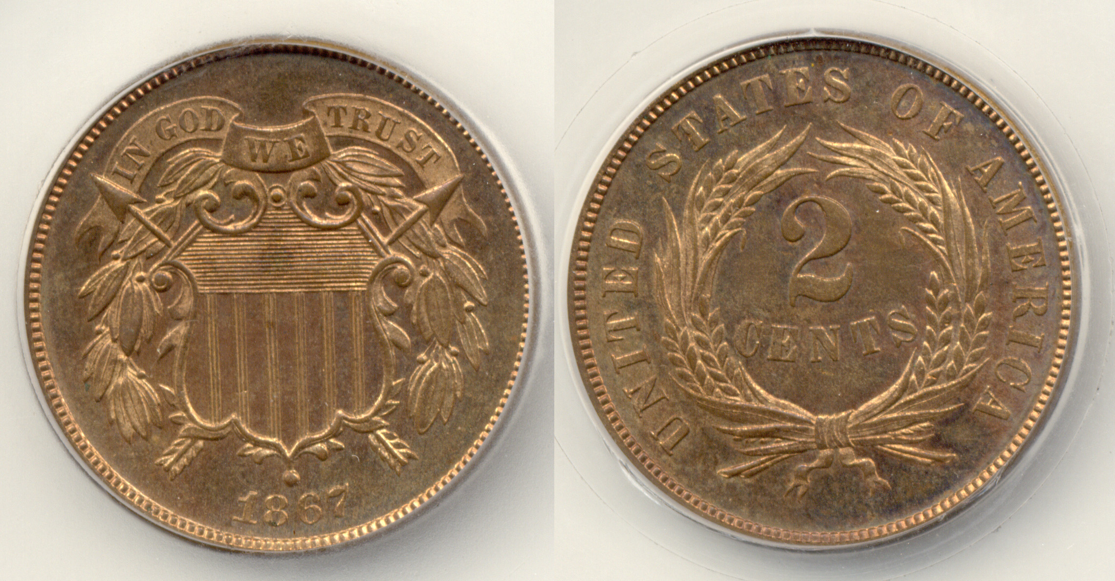 1867 Two Cent Piece SEGS Proof-65 Red