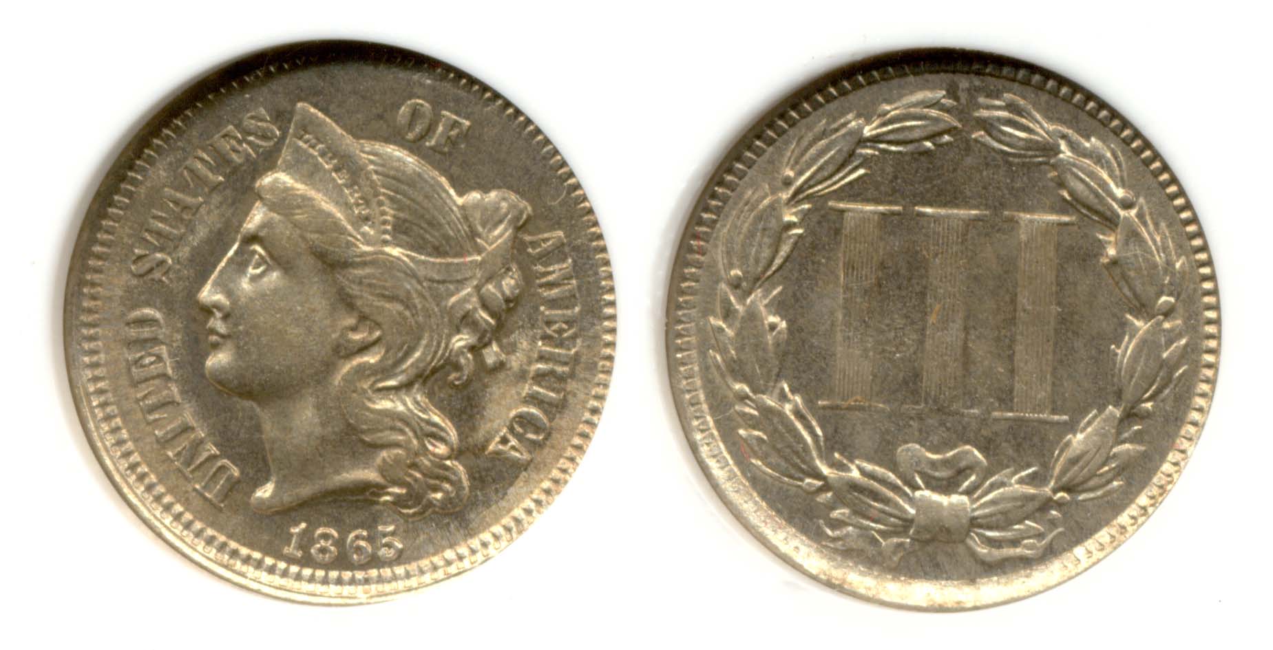 1865 Three Cent Nickel in ANACS MS-63