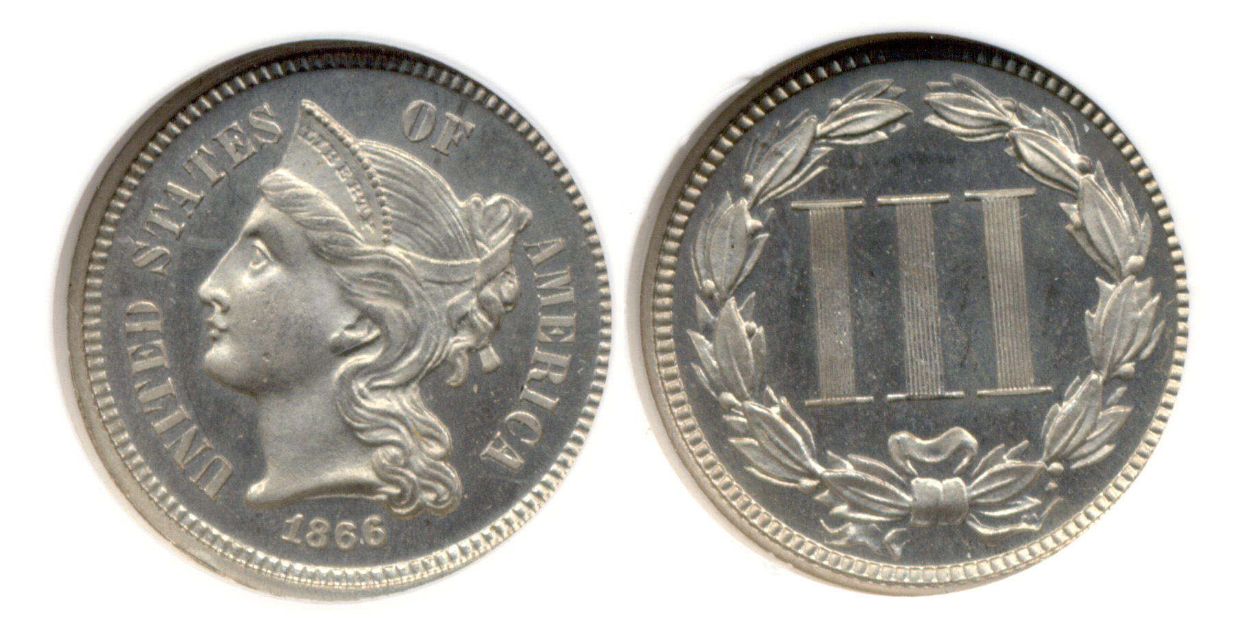 1866 Three Cent Nickel NGC Proof-65 Cameo