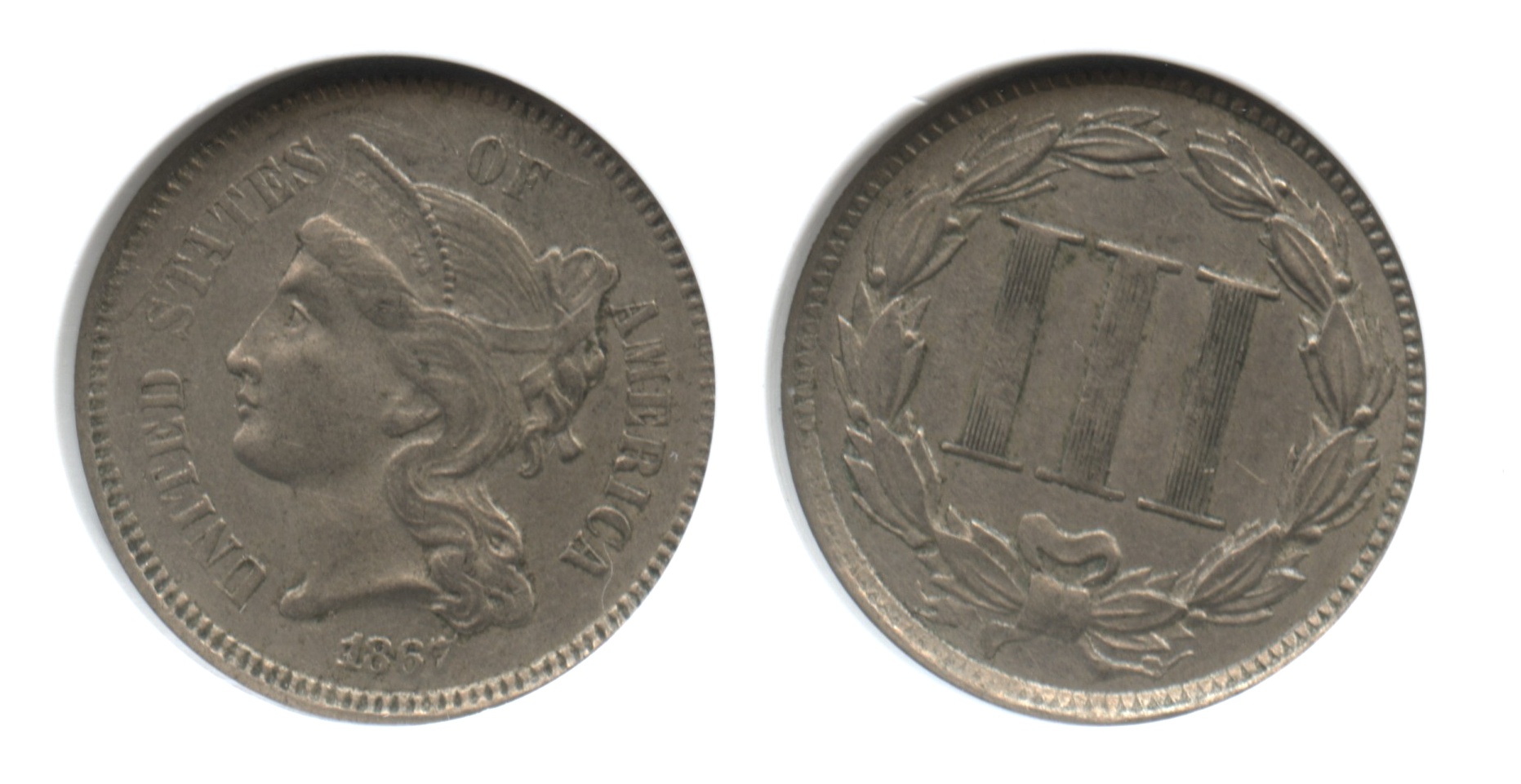 1867 Three Cent Nickel ANACS AU-55