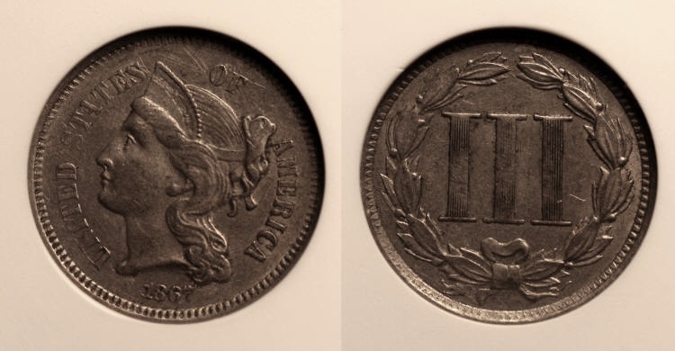1867 Three Cent Nickel ANACS AU-55 camera small