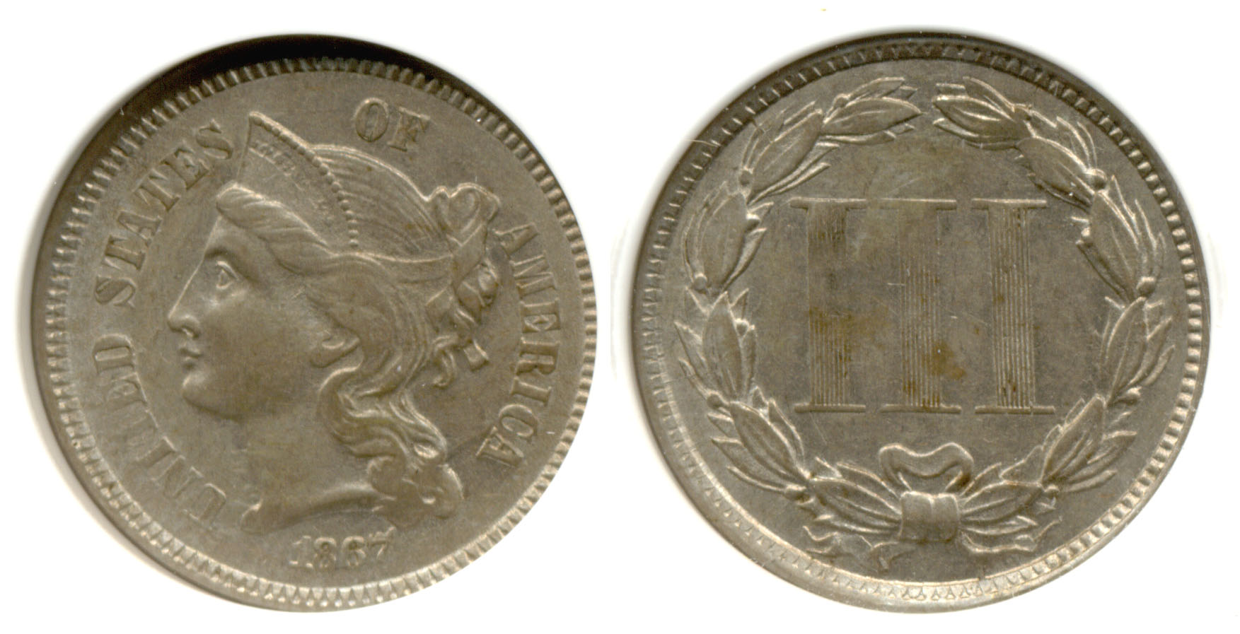 1867 Three Cents Nickel in PCI MS-60