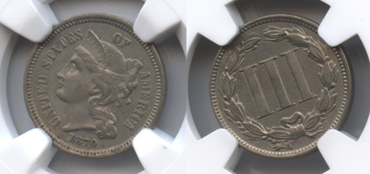 1870 Three Cent Nickel NGC AU-58 small