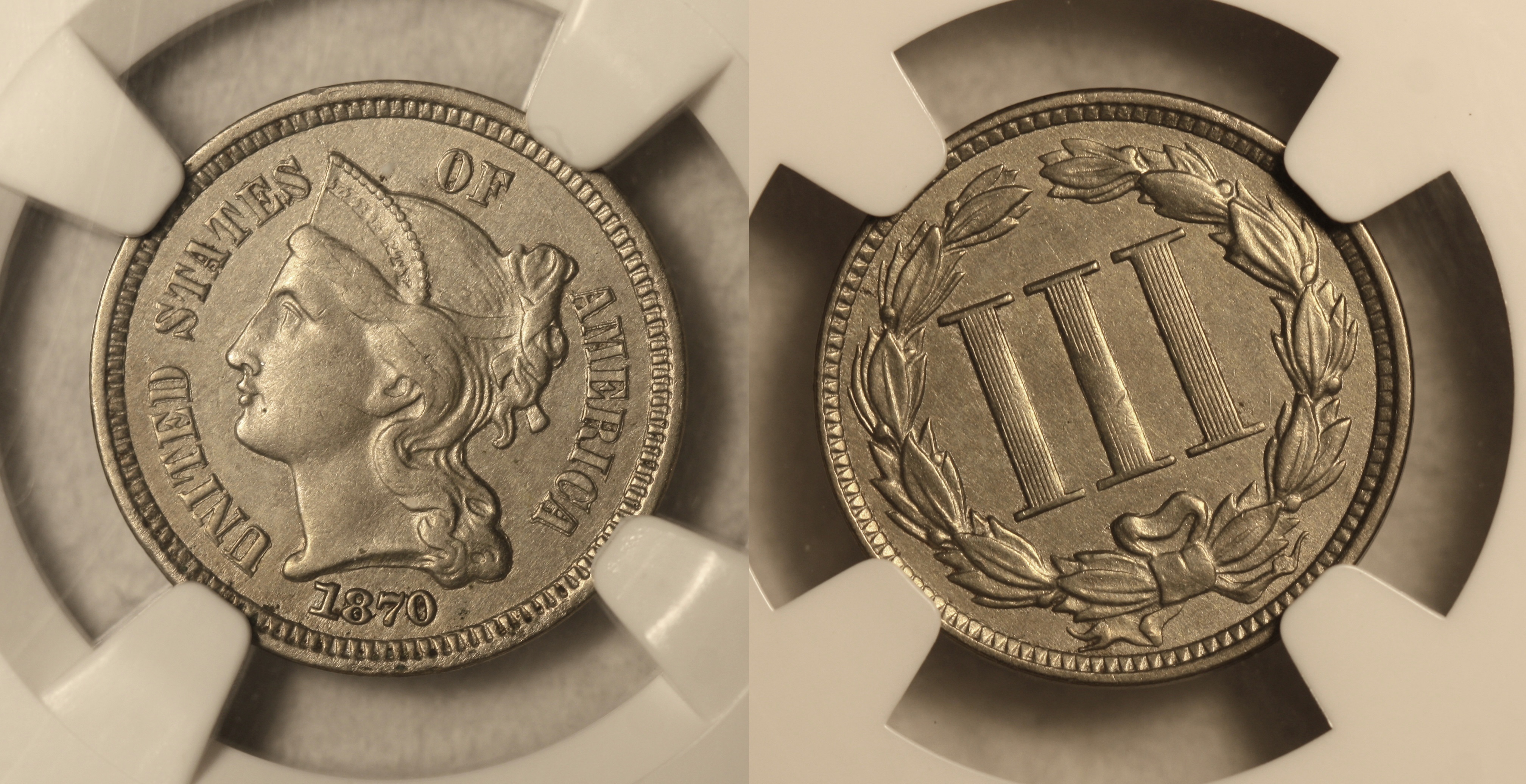 1870 Three Cent Nickel NGC AU-58 camera