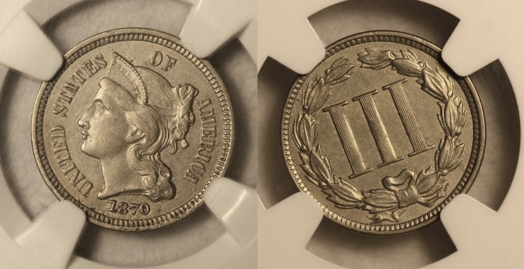 1870 Three Cent Nickel NGC AU-58 camera small