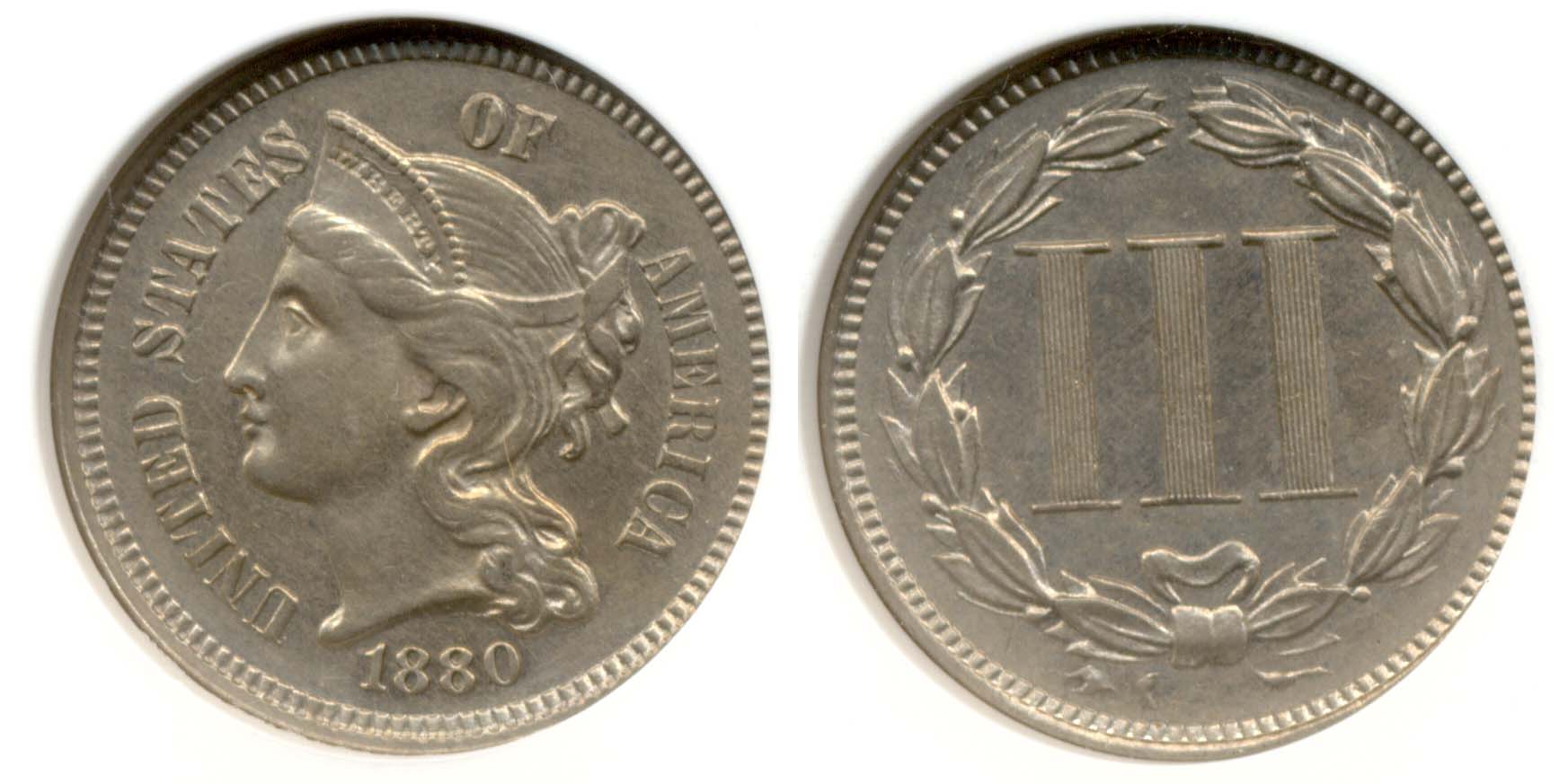 1880 Three Cent Nickel in ANACS AU-55