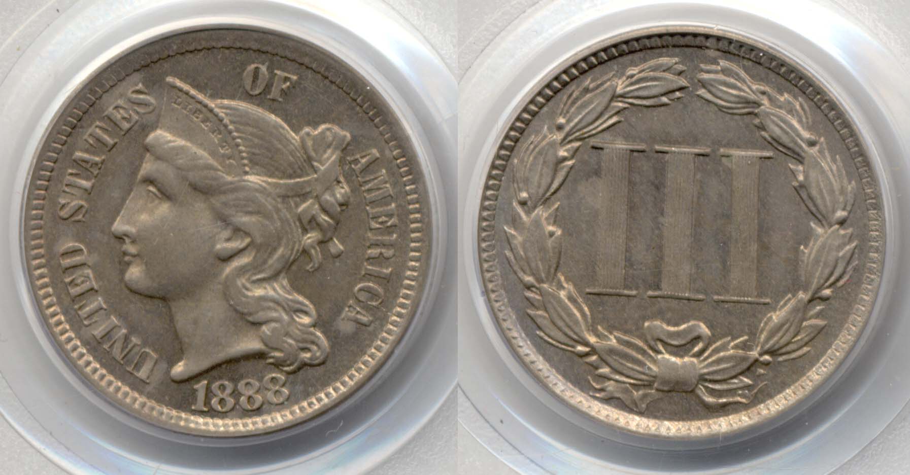 1888 Three Cent Nickel in PCGS AU-58