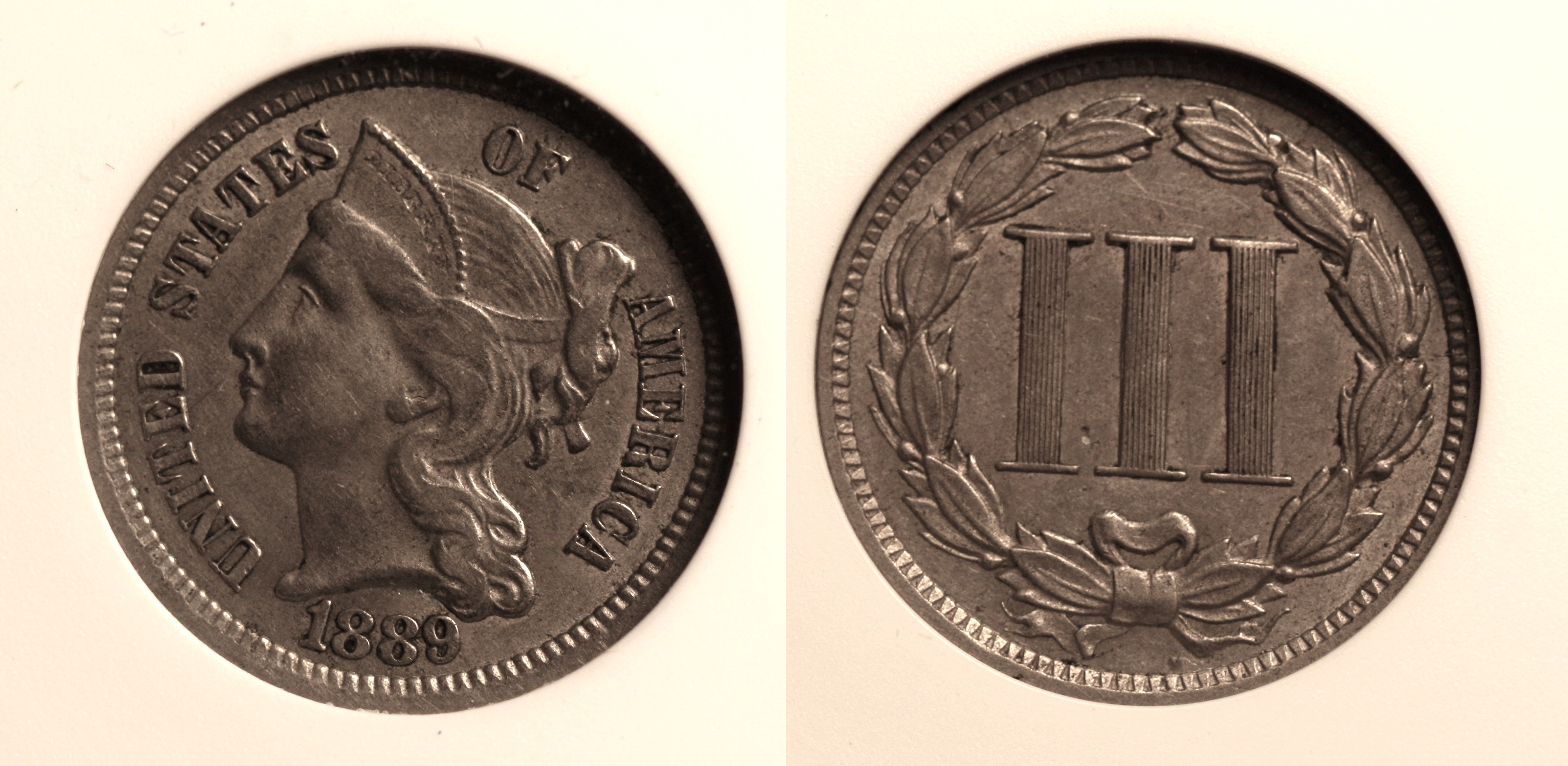 1889 Three Cent Nickel ANACS AU-53 camera