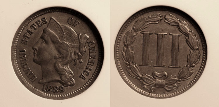 1889 Three Cent Nickel ANACS AU-53 camera small