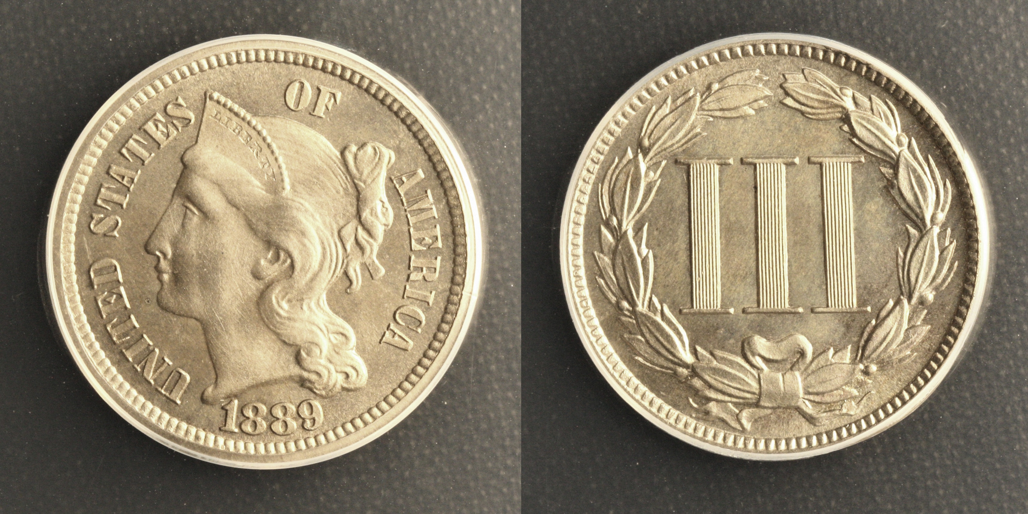 1889 Three Cent Nickel ANACS Proof-66 camera