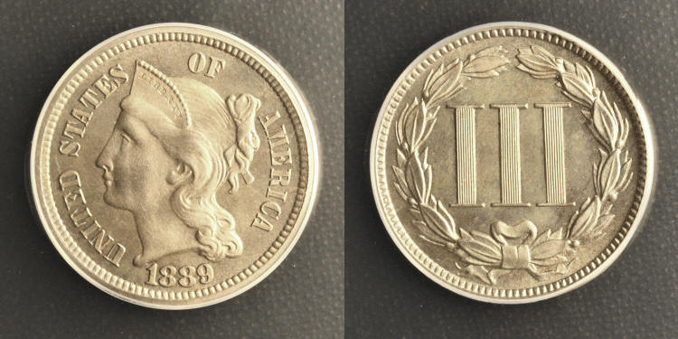 1889 Three Cent Nickel ANACS Proof-66 camera small