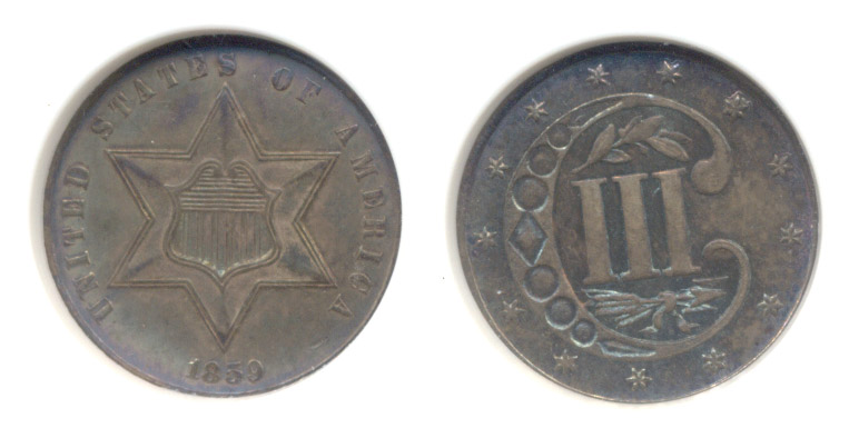 1859 Three Cents Silver ANACS AU-55