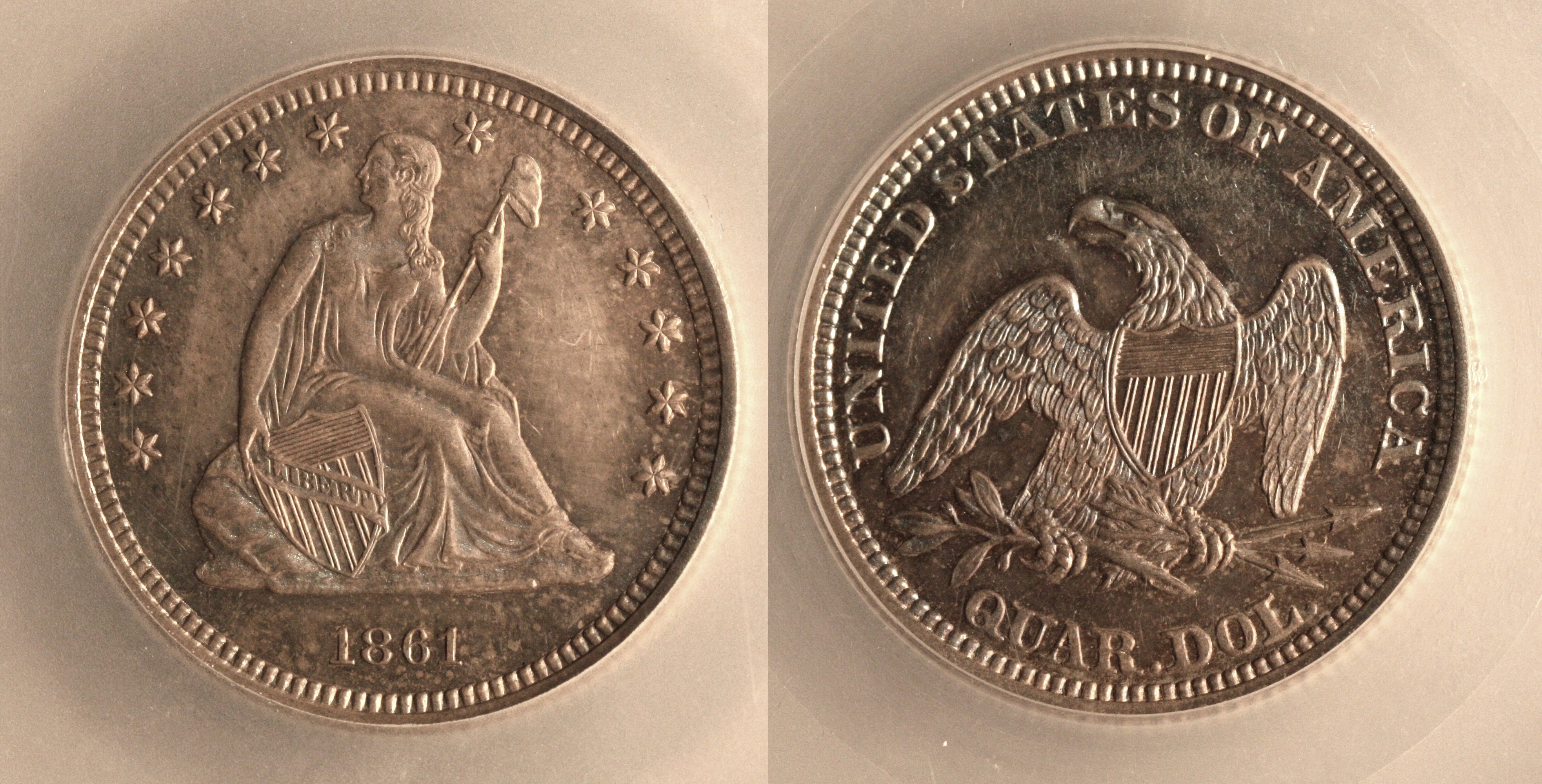 1861 Seated Liberty Quarter SEGS Proof-64 camera