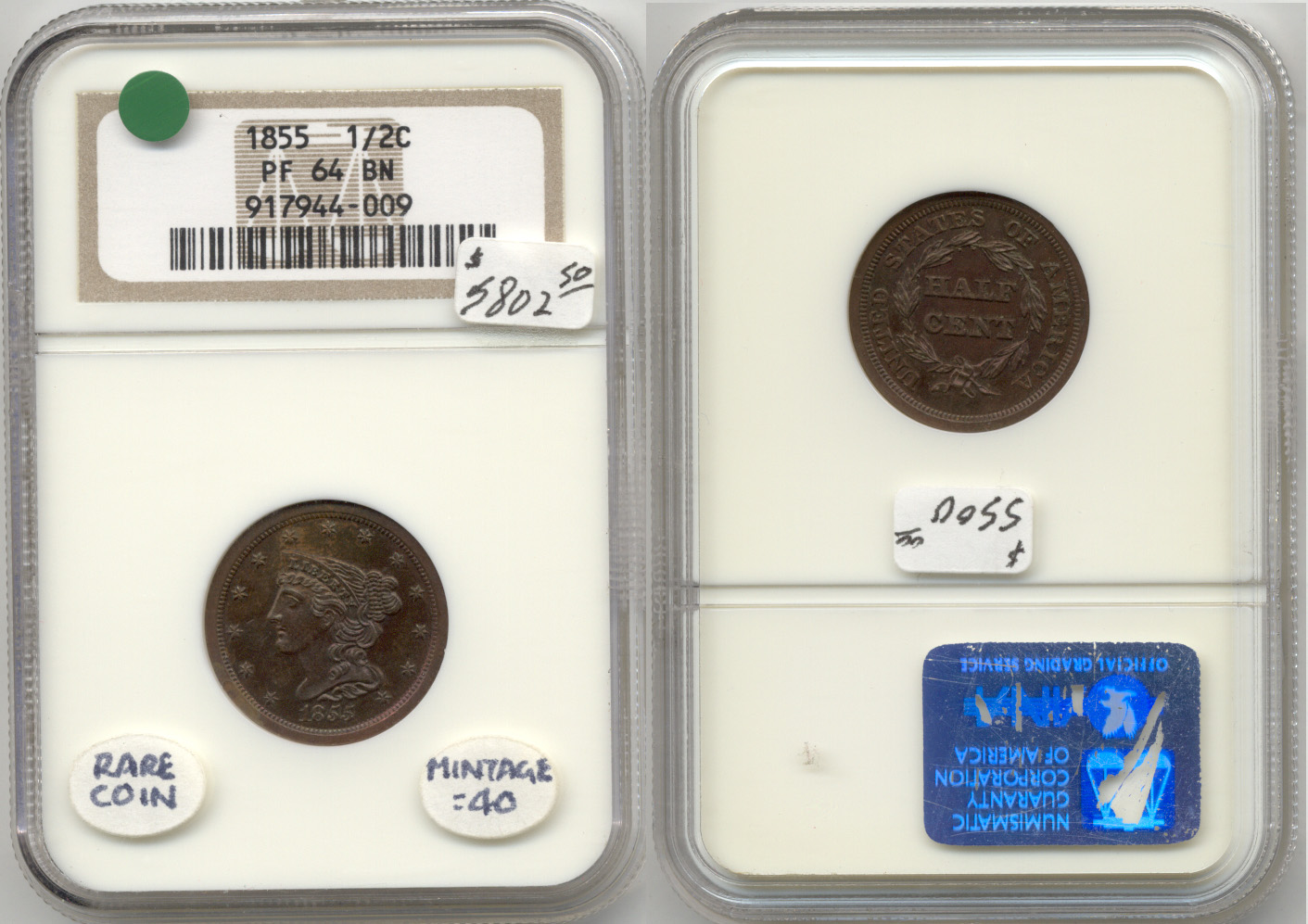 1855 Coronet Half Cent in NGC Proof-64 Brown