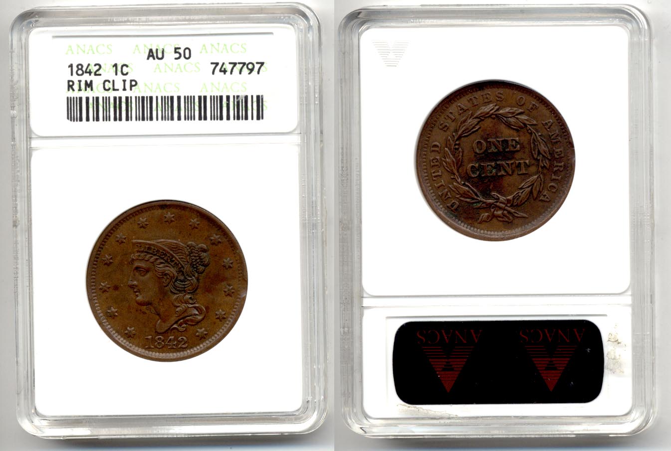 1842 Large Cent ANACS AU-50 Rim Clip