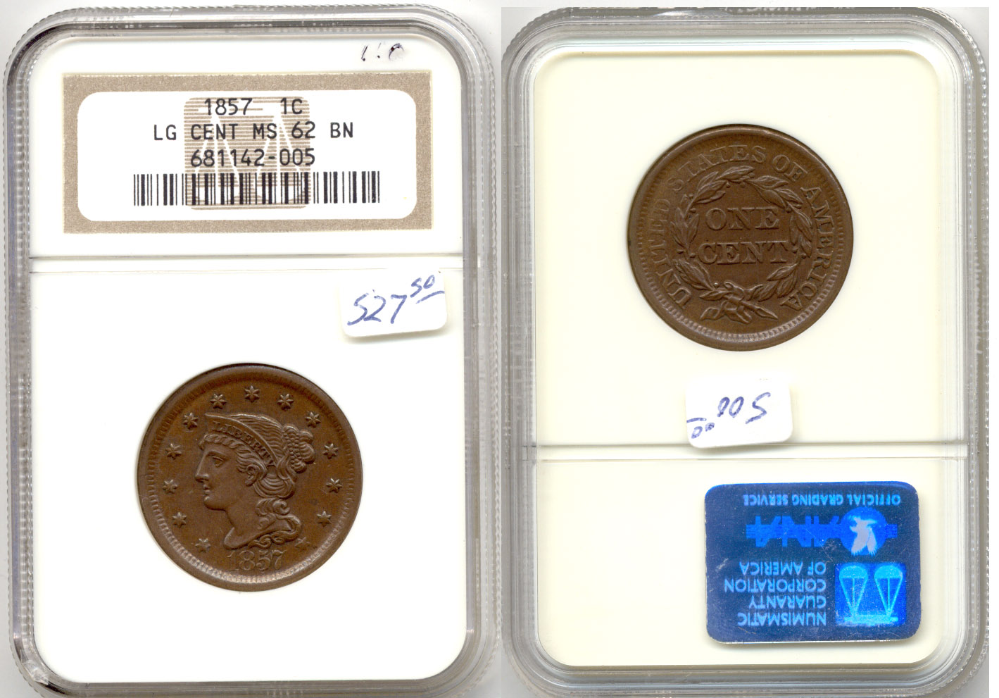 1857 Coronet Large Cent NGC MS-62 Brown