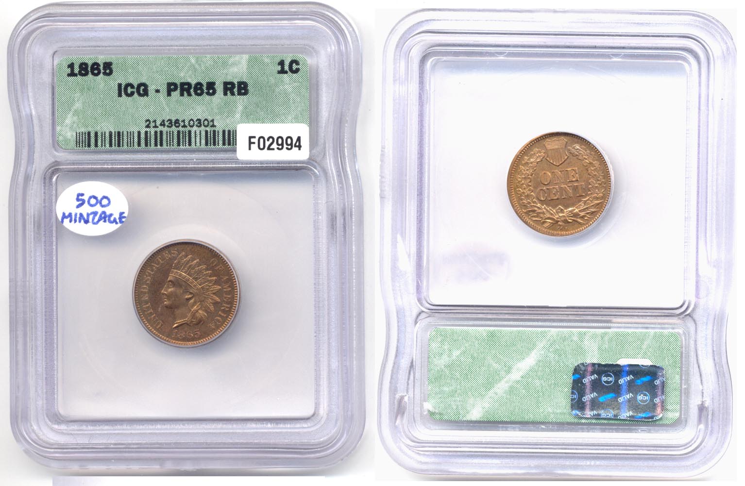 1865 Indian Head Cent in ICG Proof-65 Red Brown