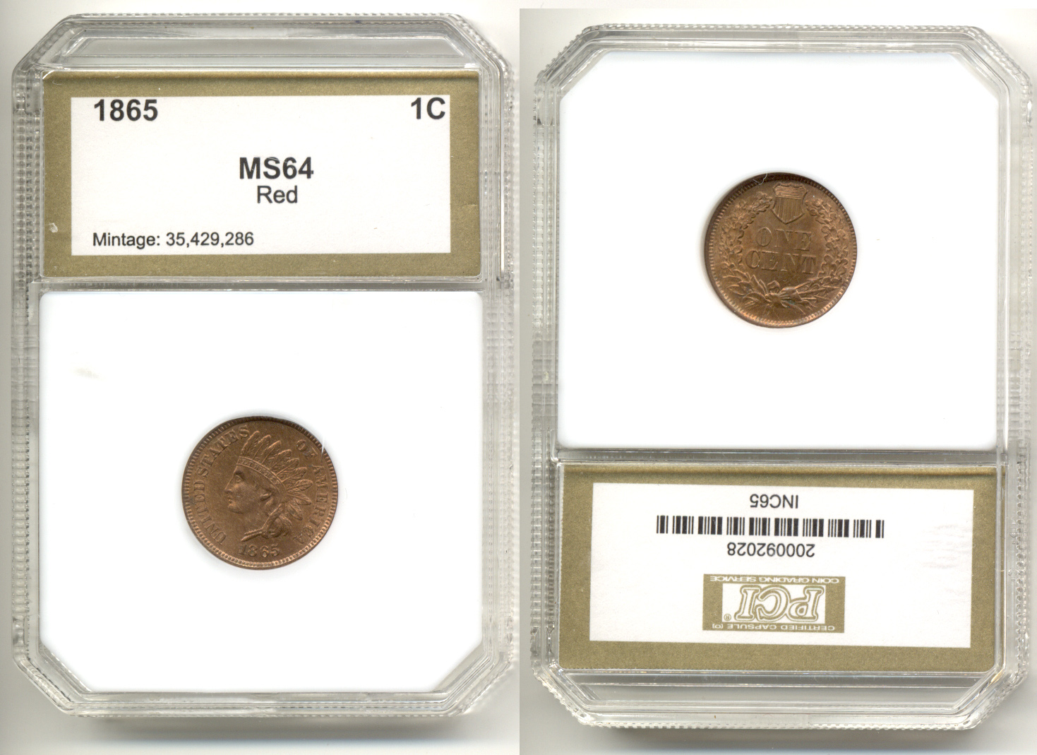 1865 Indian Head Cent PCI MS-64 Red