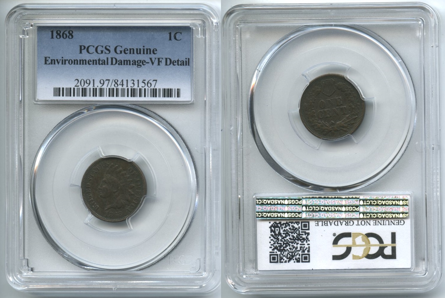 1868 Indian Head Cent PCGS VF Detail