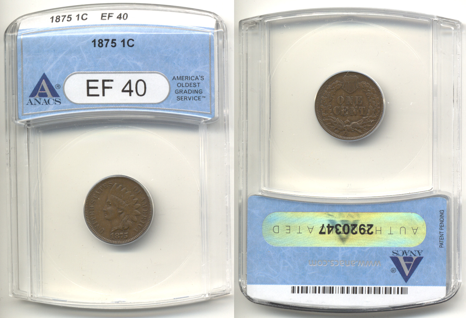 1875 Indian Head Cent ANACS EF-40