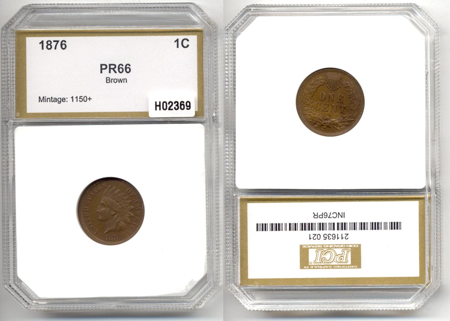 1876 Indian Head Cent PCI Proof-66 Brown
