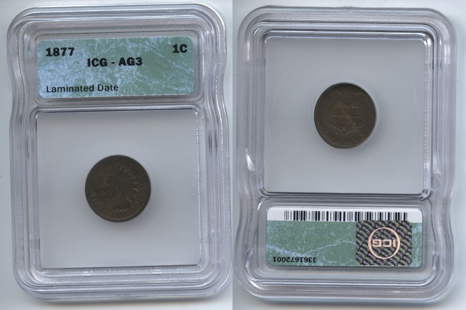 1877 Indian Head Cent ICG AG-3 Lamination