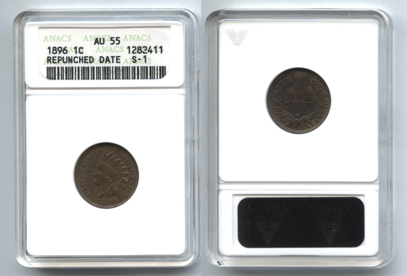 1896 Indian Head Cent ANACS AU-55 Repunched Date Snow-1