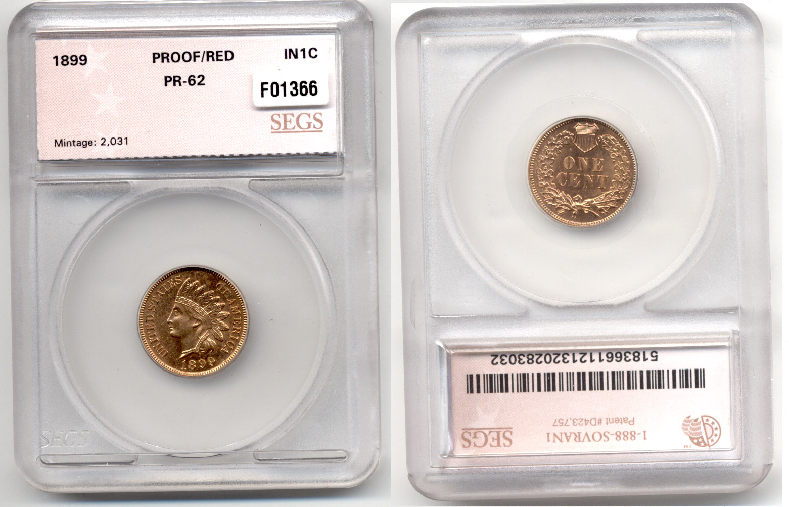 1899 Indian Head Cent SEGS Proof-62 Red