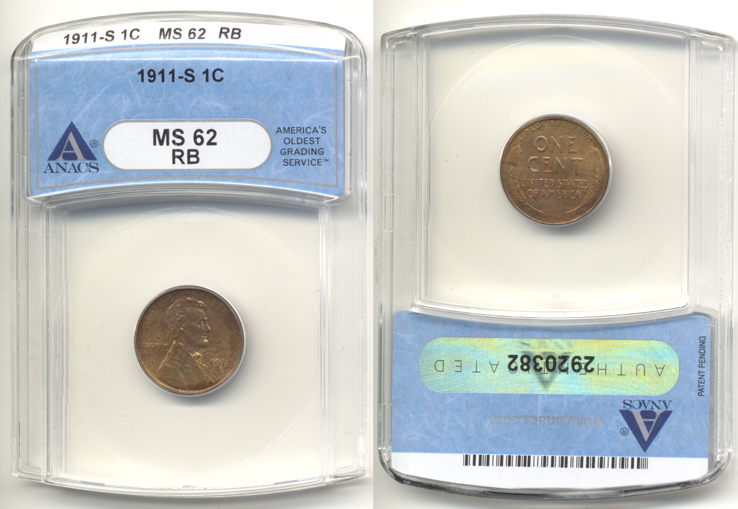 1911-S Lincoln Cent ANACS MS-62 Red Brown