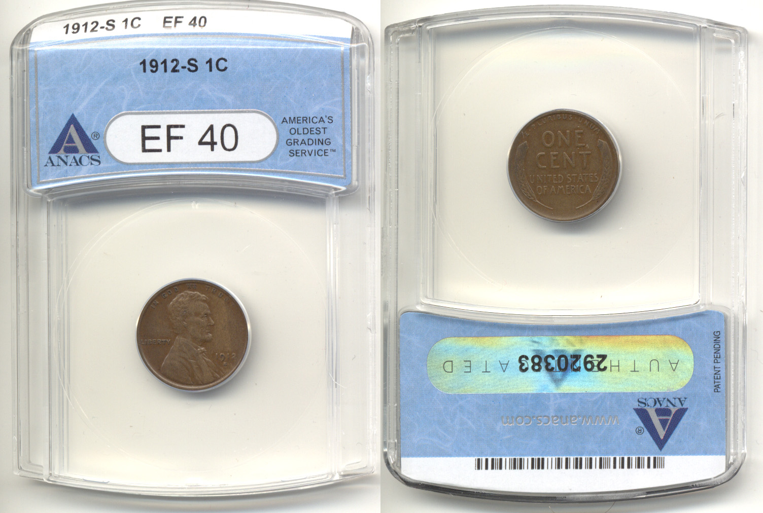 1912-S Lincoln Cent ANACS EF-40