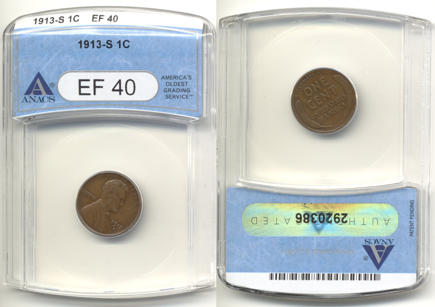 1913-S Lincoln Cent ANACS EF-40