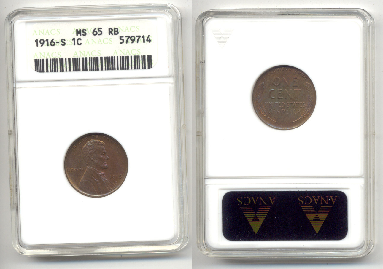 1916-S Lincoln Cent ANACS MS-65 Red and Brown